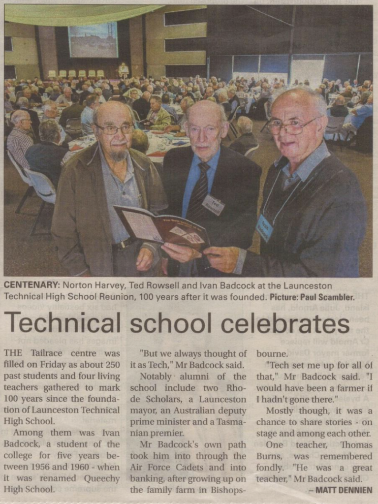 Norton Harvey, Ted Rowsell and Ivan Badcock at the Launceston Technical High Schull Reunion, 100 years after it was founded.