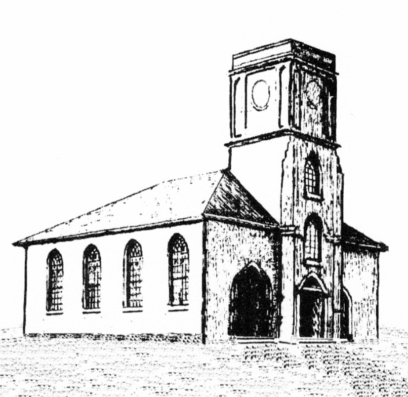 Black and white drawing of the first St Johns Church in Launceston build 1825 to 1830